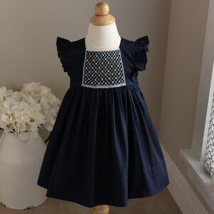 Navy Smocked Dress Flutter Sleeve Feltman Brothers Size 4T Perfect Condition
